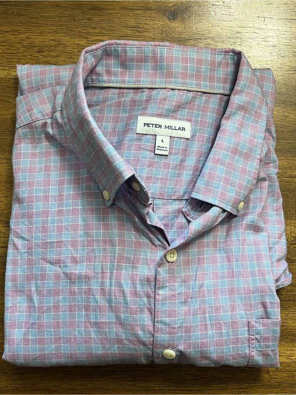 Peter Millar Pink and Light Blue Plaid 100% Cotton Button-Down Shirt Mens Large